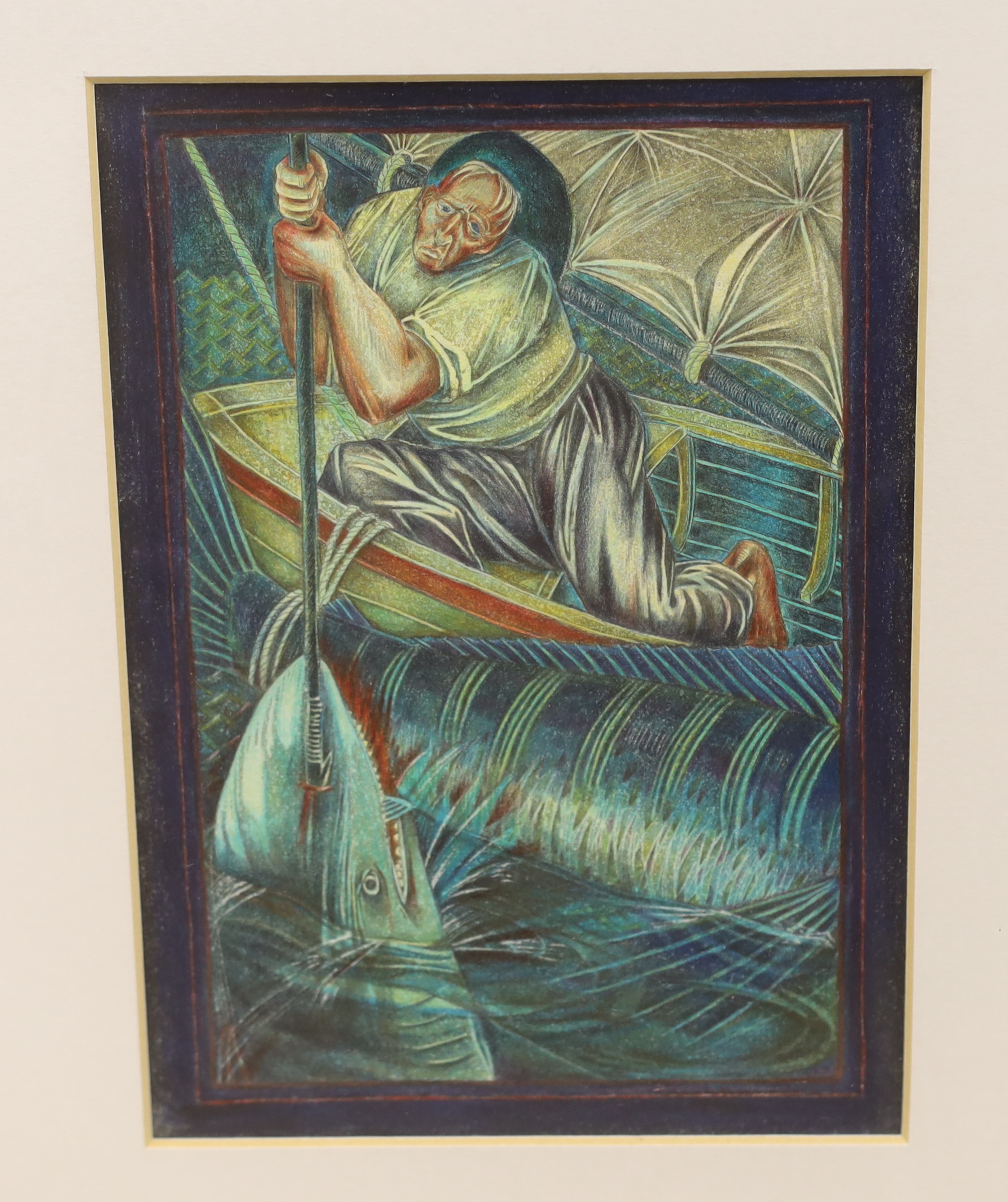 Francesca Pelizzoli, 20th century, four original mixed media painting illustrations for 'The Old Man and The Sea', originally by Hemingway